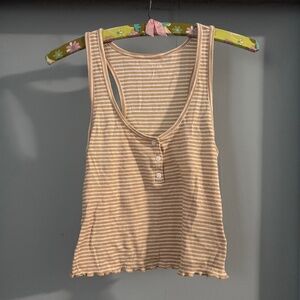 American Eagle Striped Henley Tank Cropped Tan/White